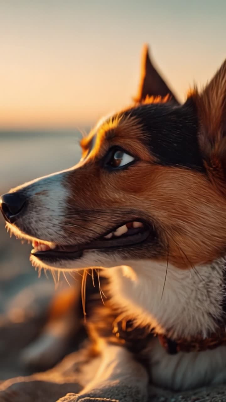 En sjarmerende Corgi nyter en rolig solnedgang på stranden, som fanger essensen av gledelige øyeblikk og ro i naturen.