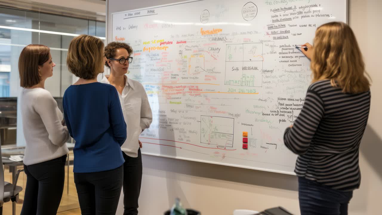 Casual office meeting captured from a side angle, showcasing a collaborative brainstorming session