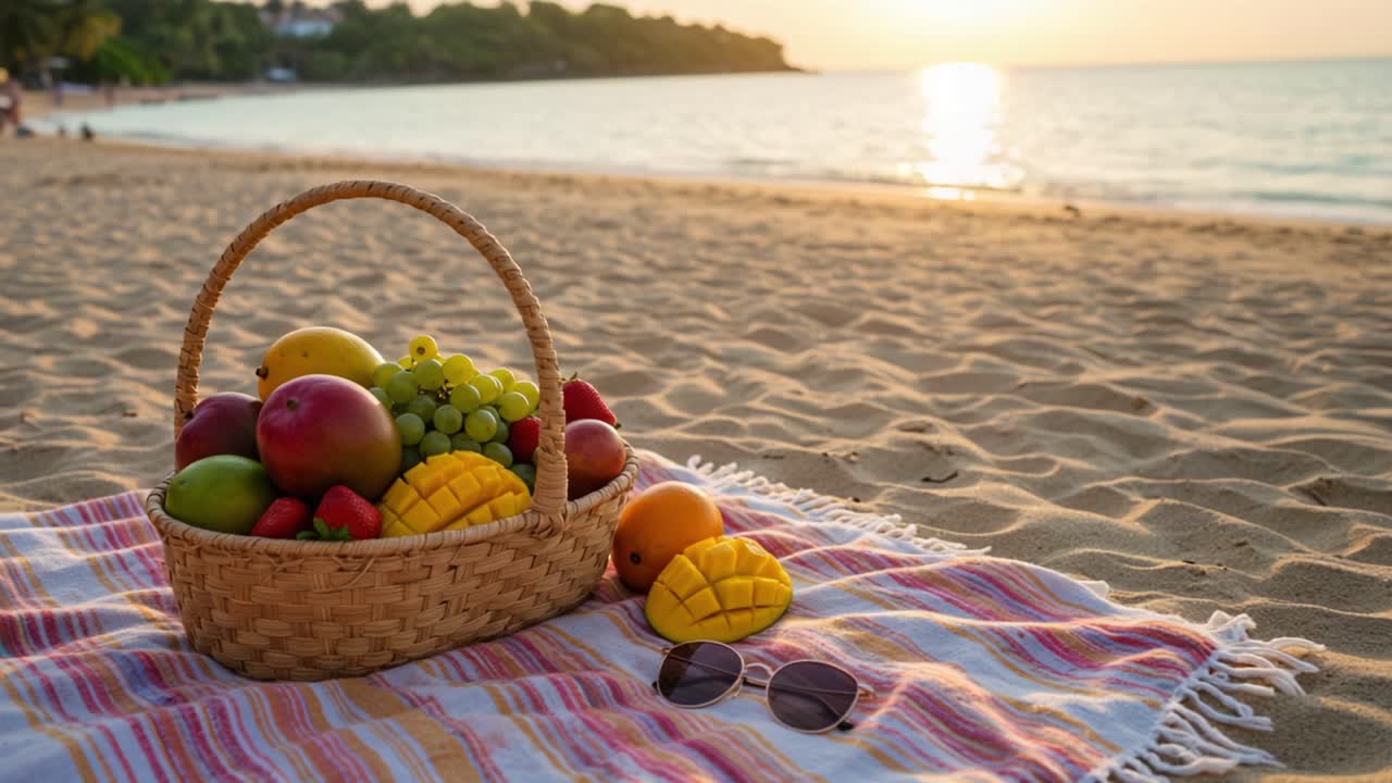 Un pícnic playero vibrante: una cesta llena de fruta fresca con una serena puesta de sol sobre las tranquilas olas del océano, perfecto para relajarse y disfrutar.