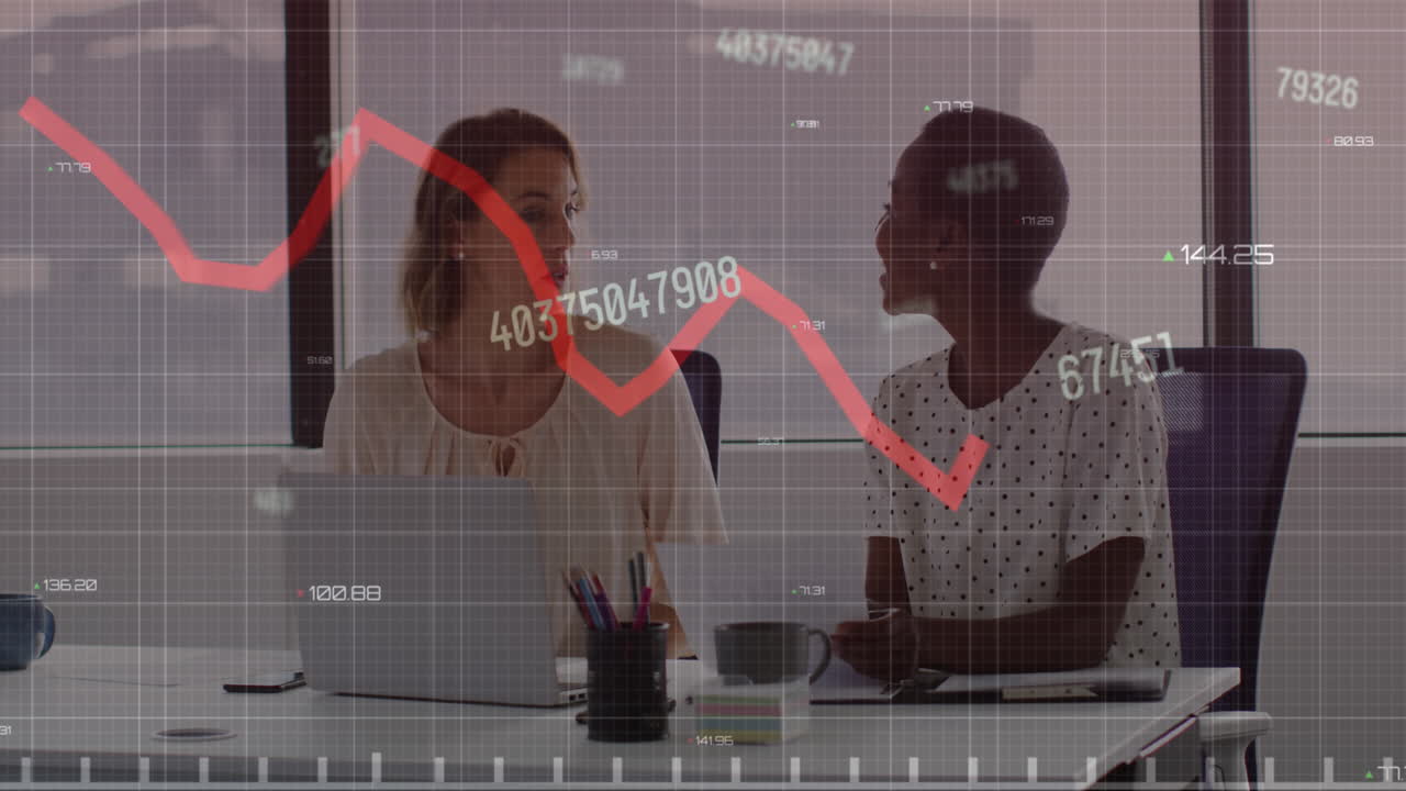 Animation of statistical data processing against two diverse women discussing at office