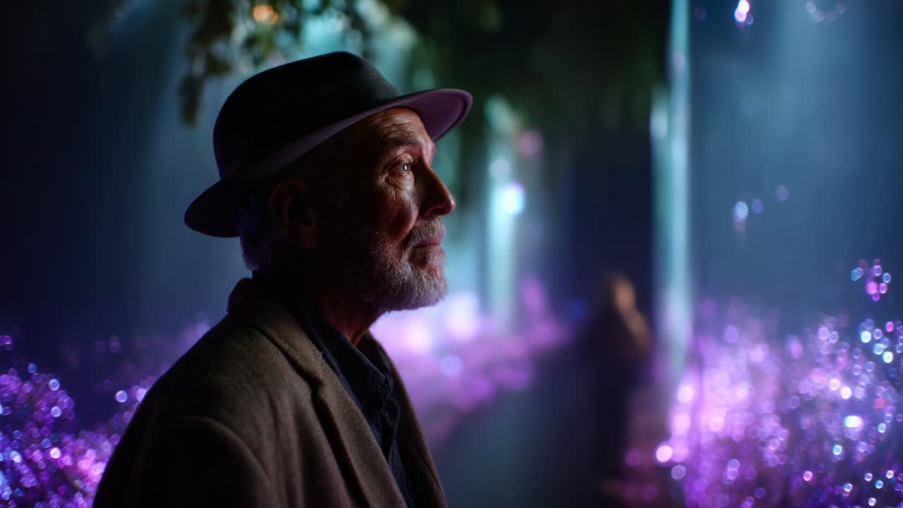 Una scena contemplativa di un uomo anziano con un'espressione pensierosa, con luci viola tenui sullo sfondo, che crea un'atmosfera serena che evoca sentimenti di nostalgia e riflessione