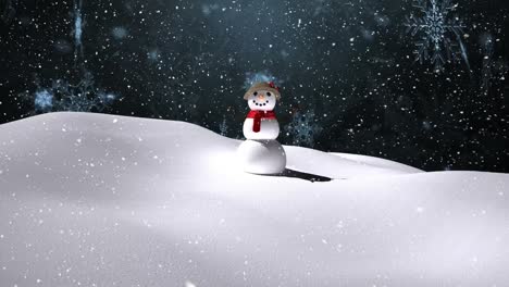 Animation-of-snow-falling-over-smiling-snowman-in-winter-scenery