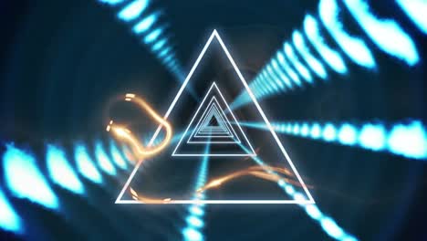 Animation-Leuchtender-Dreiecke,-Die-Sich-In-Einem-Tunnel-Aus-Leuchtenden-Lichtern-Drehen