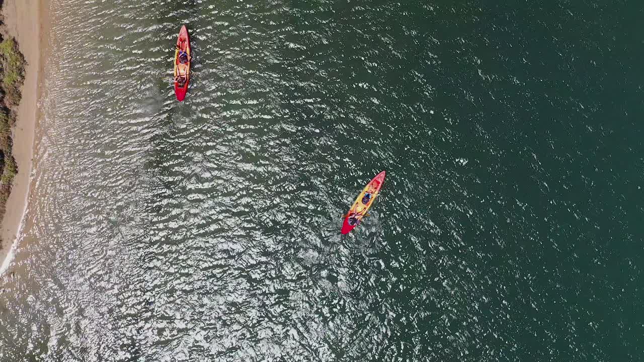toma aérea de un dron en ascenso de un kayakista cerca de la orilla
