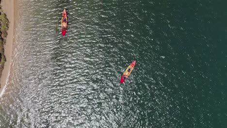 Rising-aerial-drone-shot-of-Kayaker's-close-to-the-shore