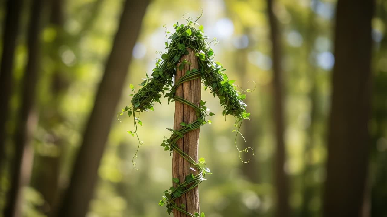 A Nature-Inspired Directional Sign Covered in Lush Green Vines, Indicating a Pathway Through a Serene Forest Setting with Soft Lighting and a Tranquil Atmosphere