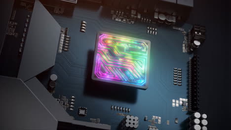 glowing computer chip on circuit board with data flow