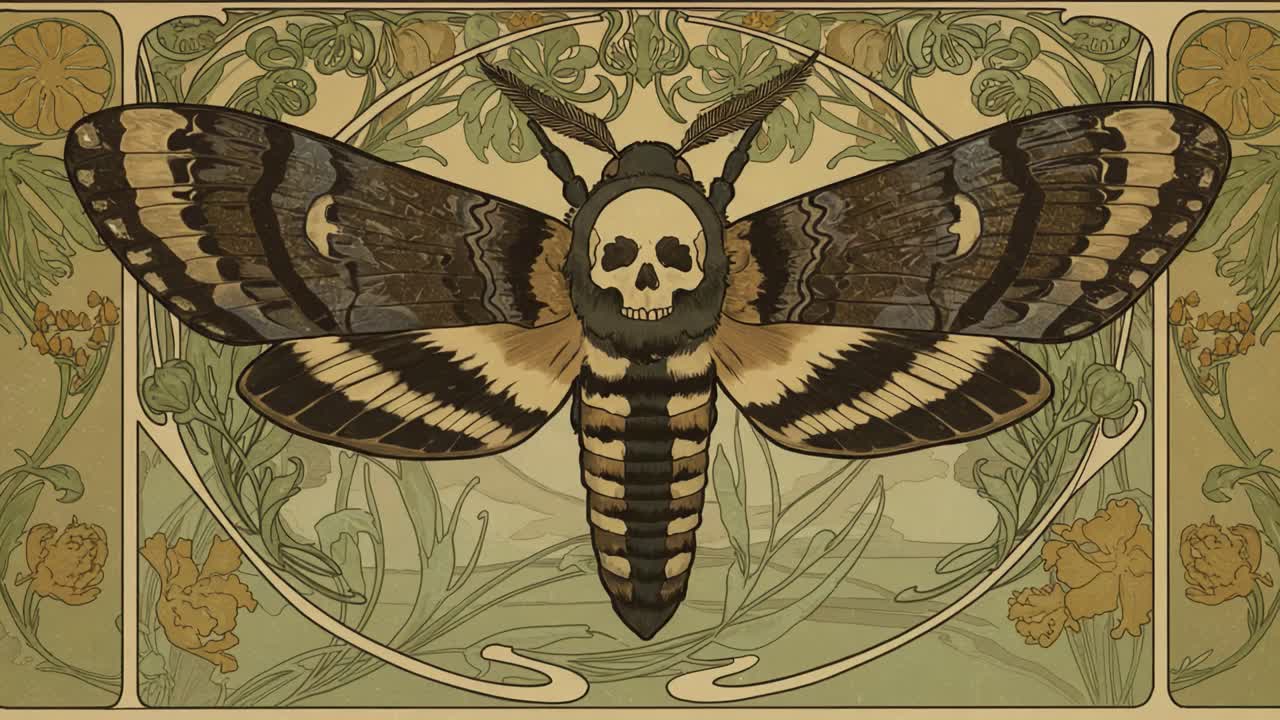 A Striking Artistic Representation of a Skull-Motif Moth, Emphasizing Detailed Patterns and Nature-Inspired Elements in a Vintage Design Style