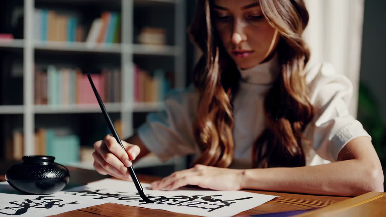 женщина занимается каллиграфией