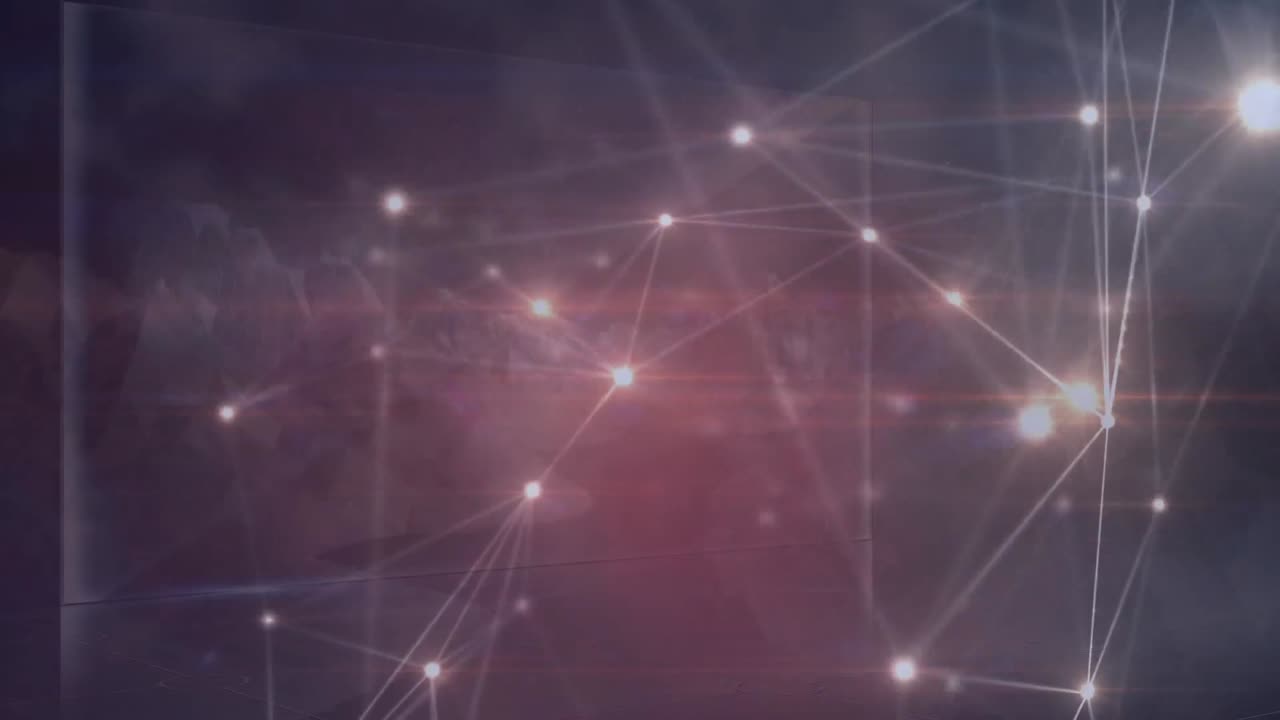 animación de redes de conexiones con puntos brillantes sobre montañas giratorias