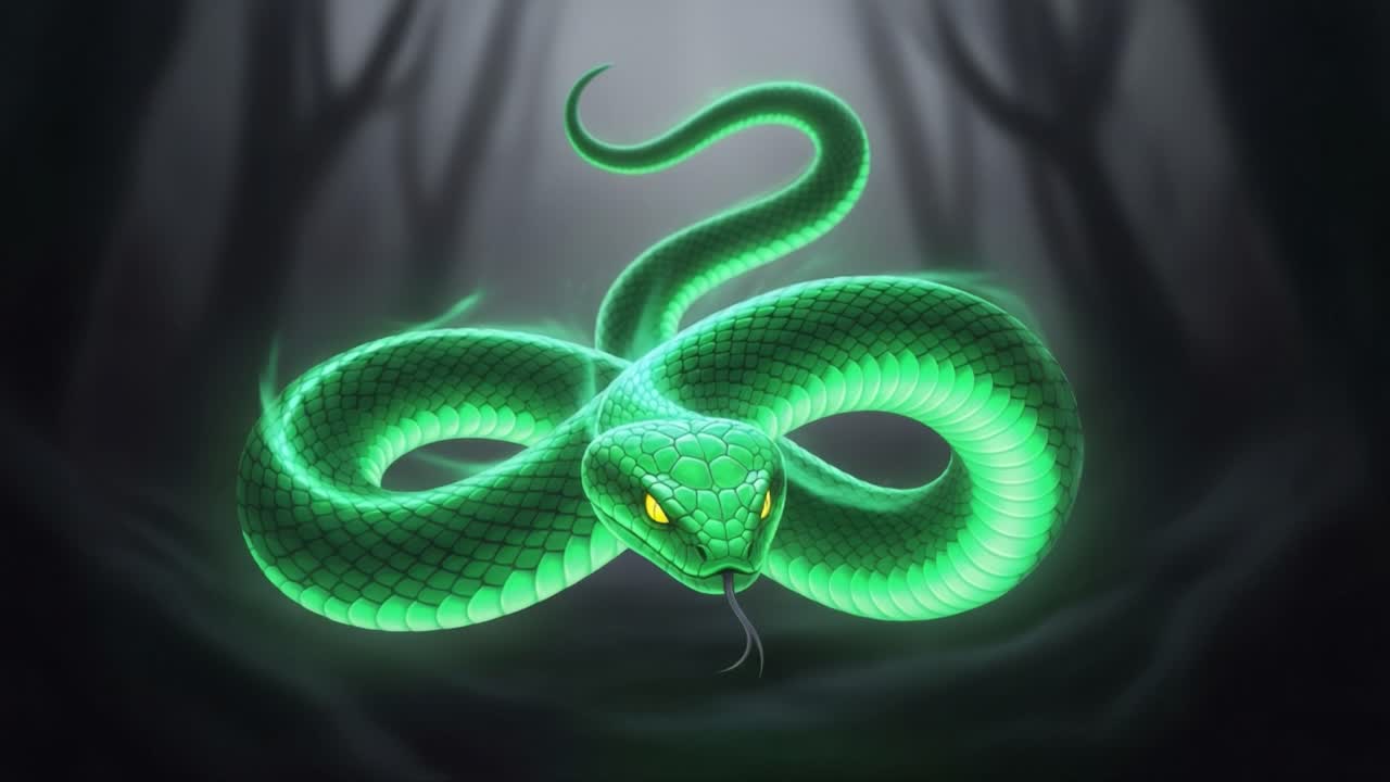 A Glowing Serpent: The Enigmatic Presence of a Green Snake Unfolding in the Shadows with its Mesmerizing Swirls and Intense Gaze Captured in an Ethereal Environment