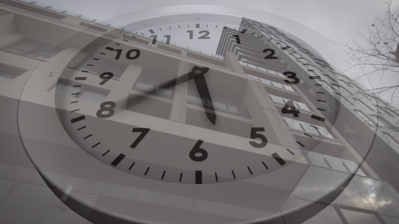 Clock face appearing over building, faint hands rotating clockwise showing time passing over facade