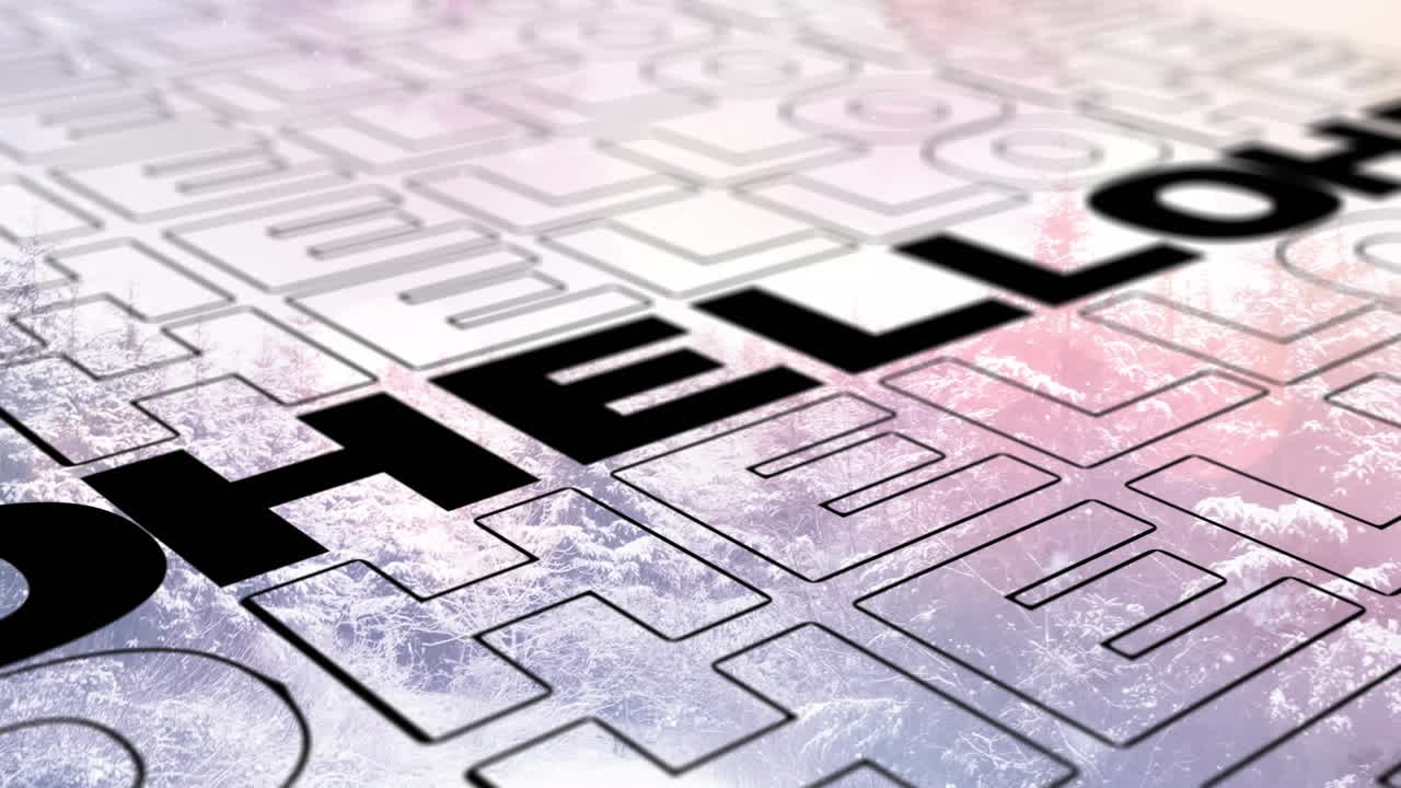 animación de hello sobre el paisaje del bosque de invierno