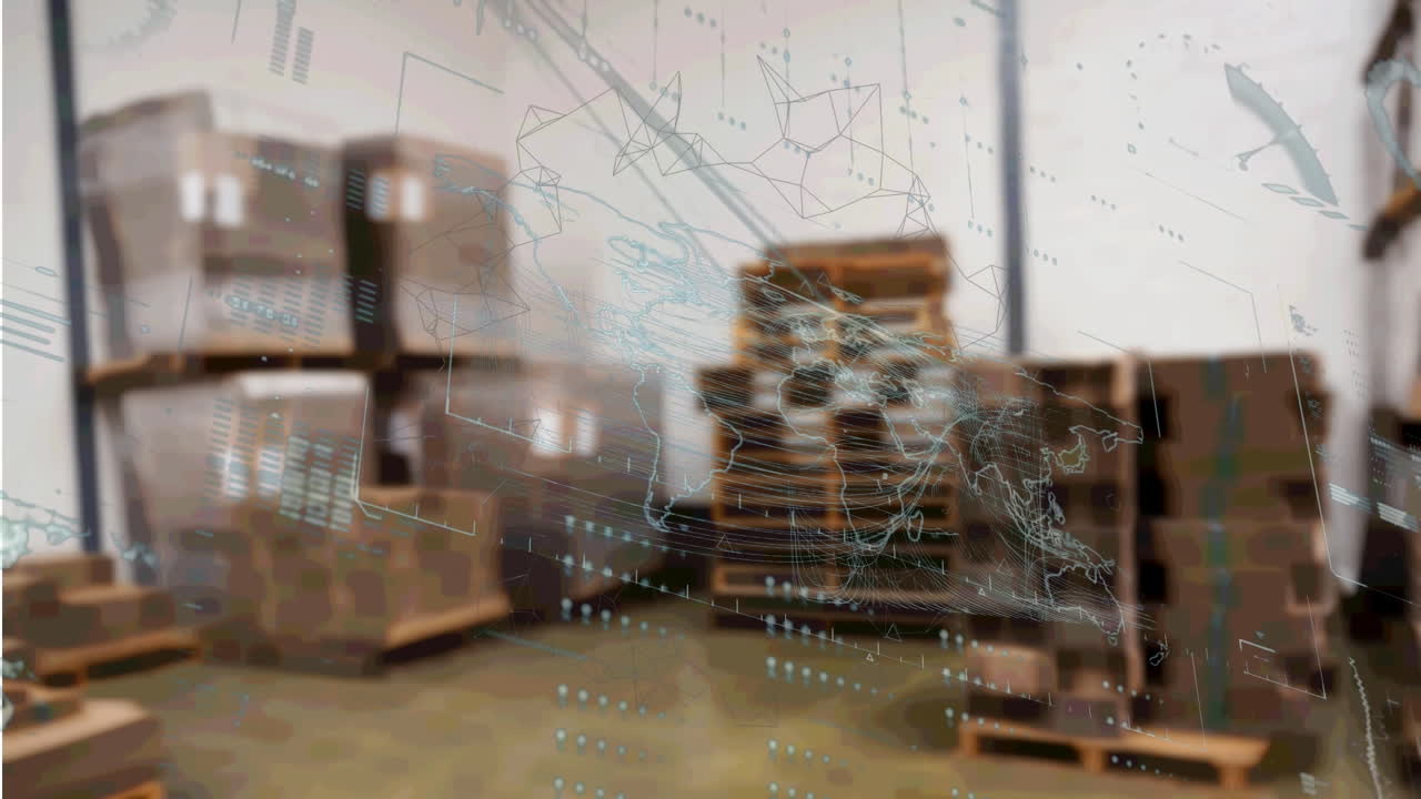 interfaz digital con procesamiento de datos sobre el mapa del mundo contra el almacén en el fondo