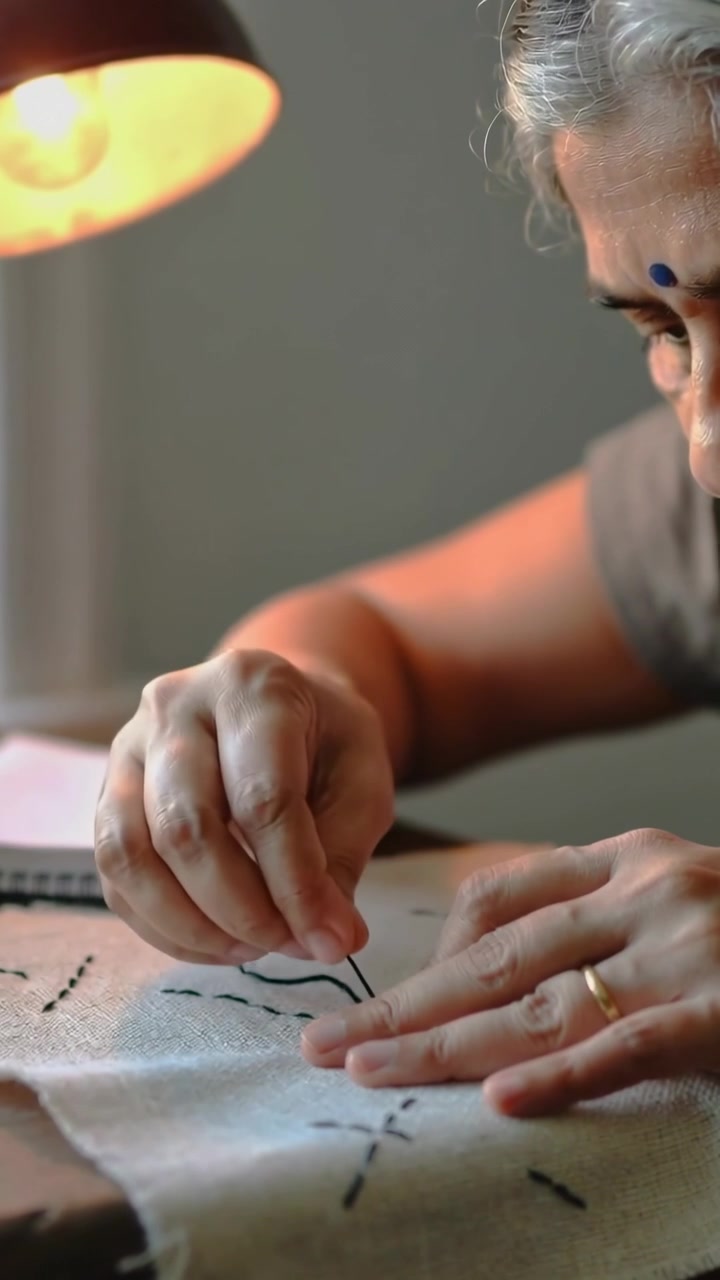 Vertical video: Threading needle woman sewing fabric and forming motif at desk by lamp, copy space