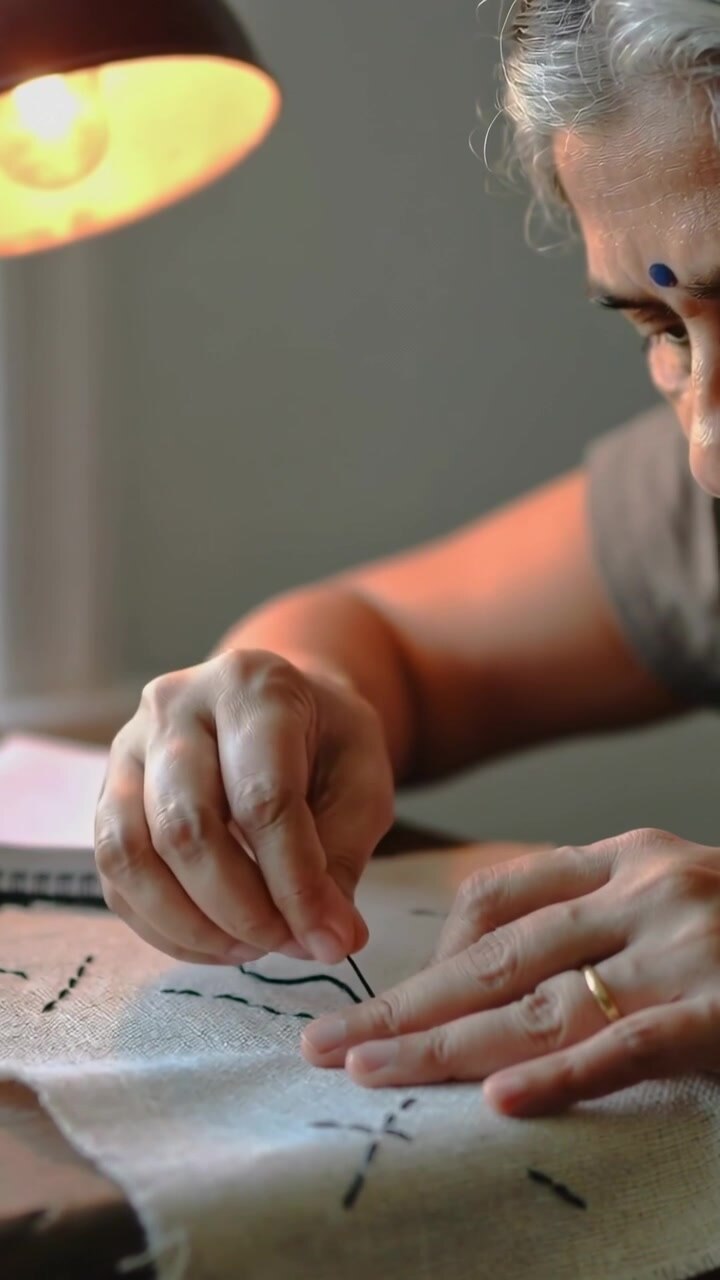 Vertical video: Threading needle woman sewing fabric and forming motif at desk by lamp, copy space