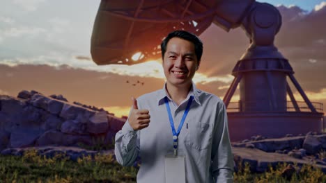 shot captures of an asian male professional worker standing with large satellite dish, his broad smile at the camera and thumbs up