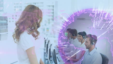 animation of globe and networks of connections and icons over business people wearing phone headsets