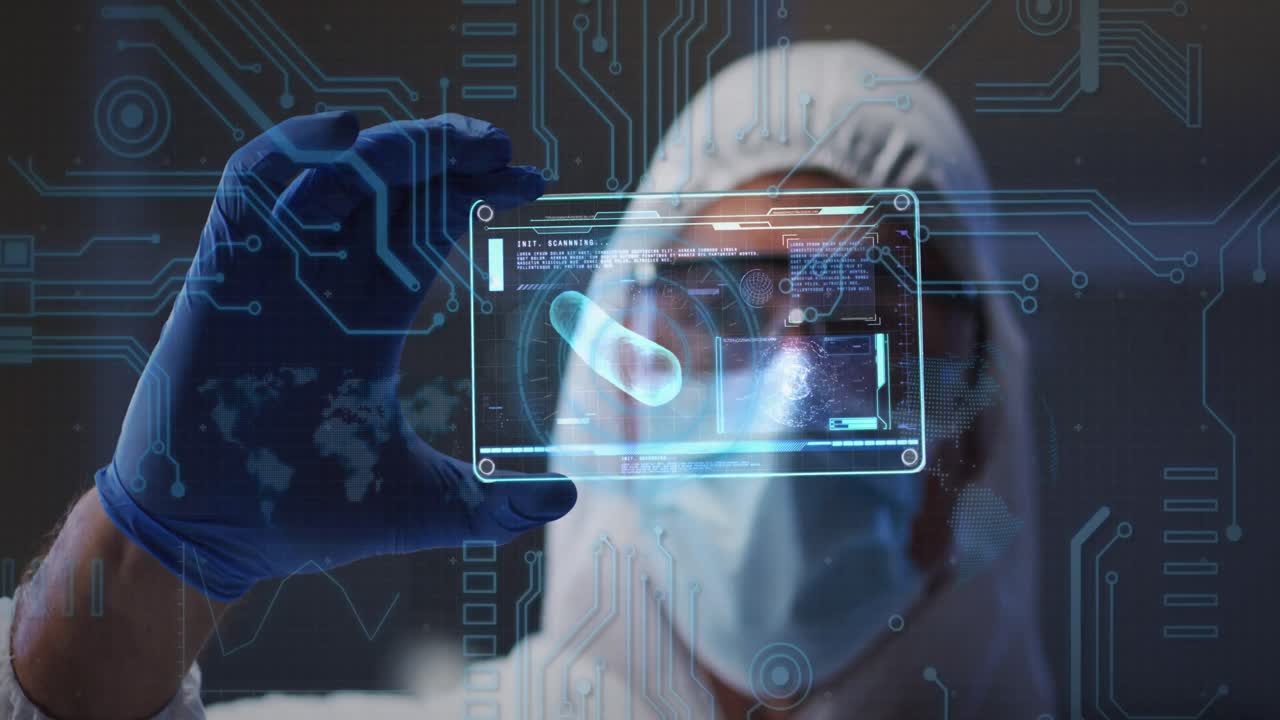 conexiones de microprocesador contra el trabajador de la salud que sostiene una pantalla futurista con procesamiento de datos