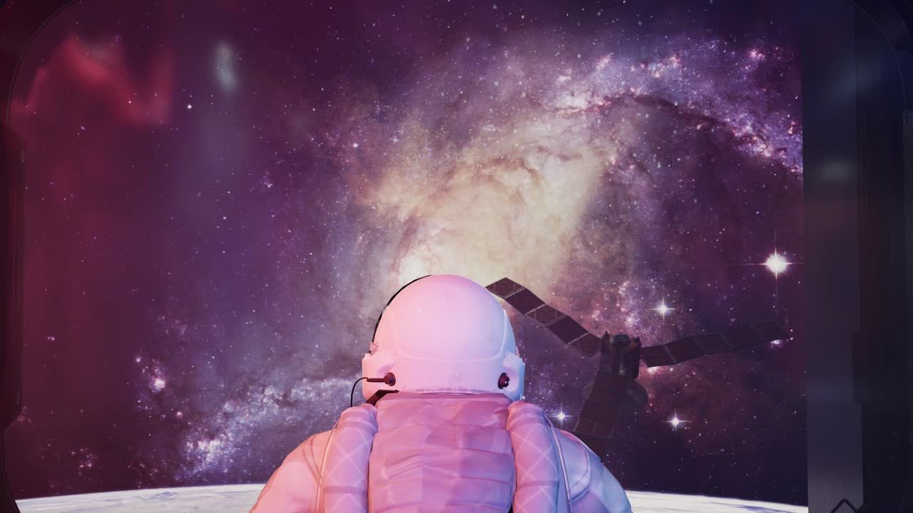 vista trasera de solo astronauta en corredor espacial futurista viendo la tierra y las estrellas. vista de la tierra y satélite de comunicaciones. animación 3d zoom en