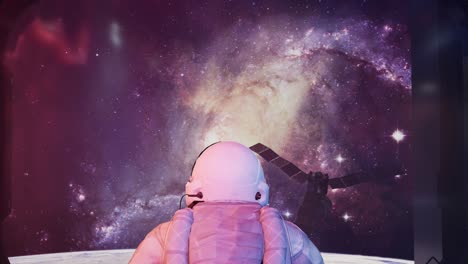 back view of alone astronaut in futuristic space corridor watching earth and stars. view of the earth and communications satellite. 3d animation zoom in