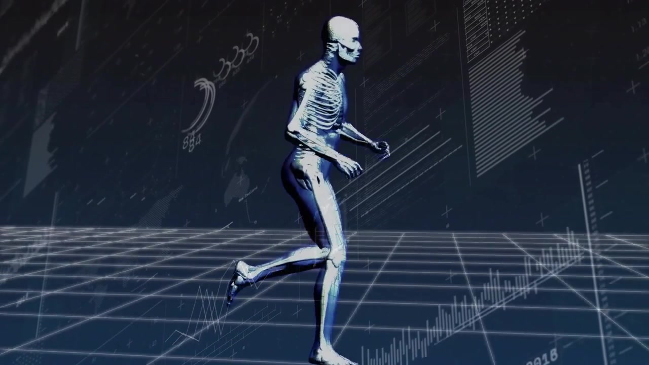 Skeletmodel vises på et gittergulv, løber og roterer, mens den viser bevægelsesdatagrafer