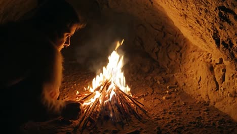 a person tending a fire in a cave at night.