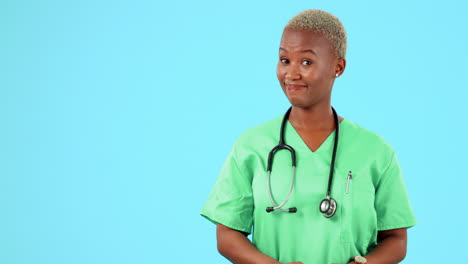 Serious-face,-black-woman-or-doctor-pointing