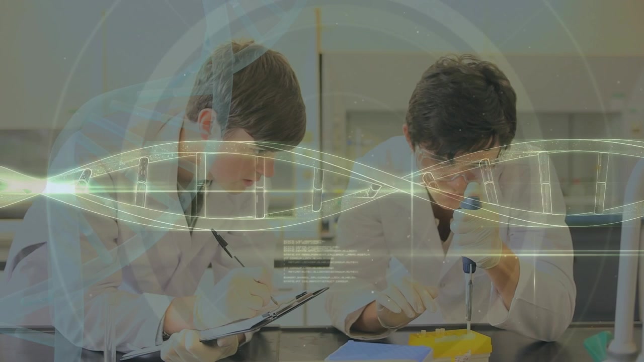Animación de cadena de ADN, procesamiento de datos sobre científicos diversos en un laboratorio