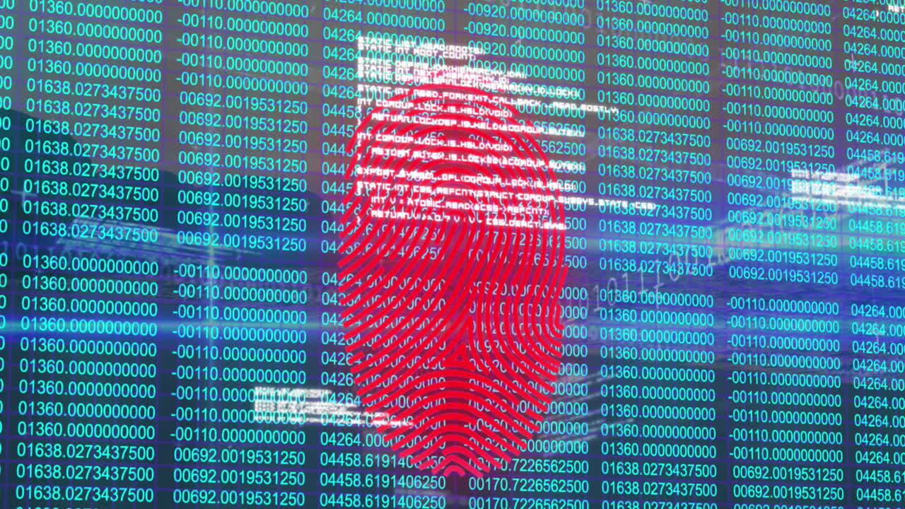 Animation of biometric fingerprint scanner and data processing against blue background