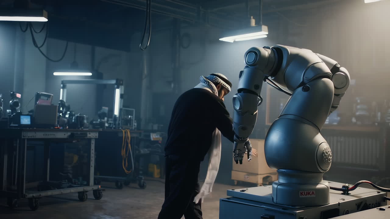 Worker interacting with a KUKA robot in a factory environment