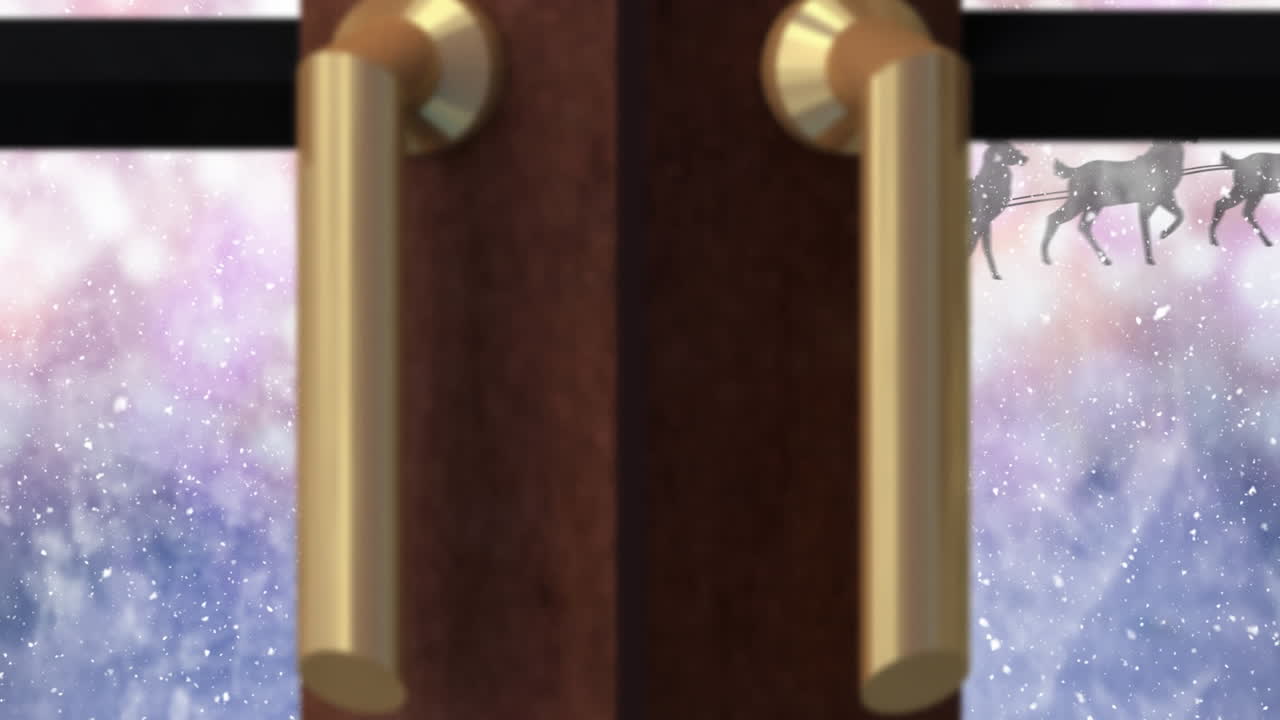 산타클로스의 실루 ⁇ 을 배경으로 크리스마스 트리와 창문 프레임의 디지털 애니메이션