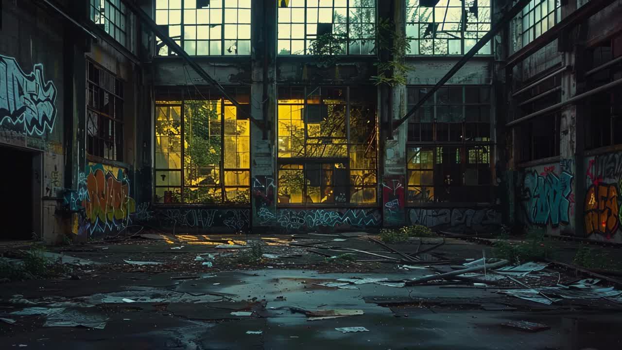 Interno di fabbrica abbandonata con graffiti e luce solare