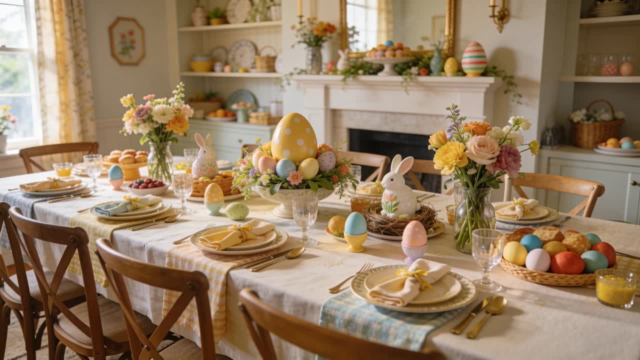 Dining table showing yellow egg centerpiece, camera sliding right to emphasize Easter decor