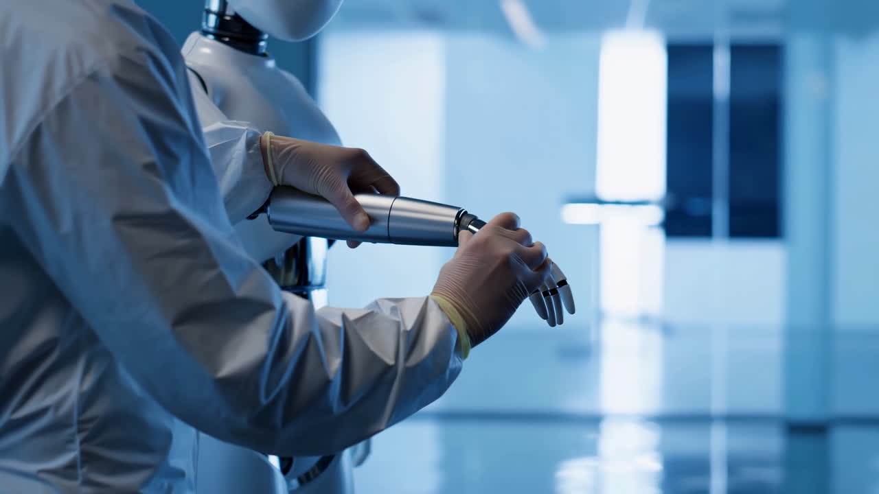 Engineer Adjusts Robot Hand In Laboratory, Gloved Technician Calibrates Metallic Prosthetic Arm For Humanoid,
