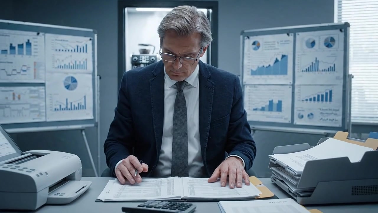 Professionel mandlig revisor analyserer finansielle rapporter med lommeregner i et moderne kontormiljø omgivet af grafer og diagrammer