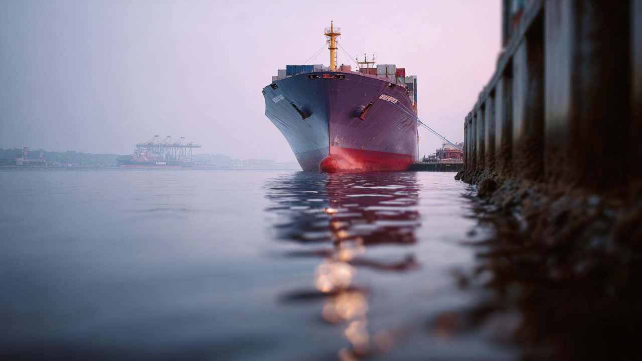 Un enorme buque de carga anclado en aguas tranquilas al atardecer, mostrando sus colores vibrantes y reflejos, simbolizando el comercio marítimo y la logística de transporte.