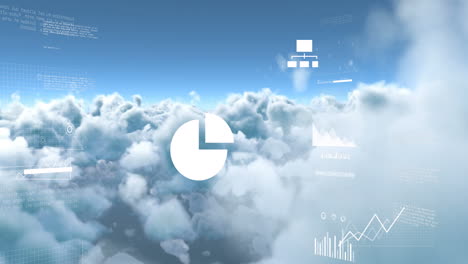 animación del símbolo de la nube, gráficos y procesamiento de datos sobre el cielo nublado azul