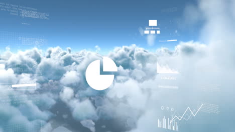 animation of cloud symbol, charts and data processing over blue cloudy sky