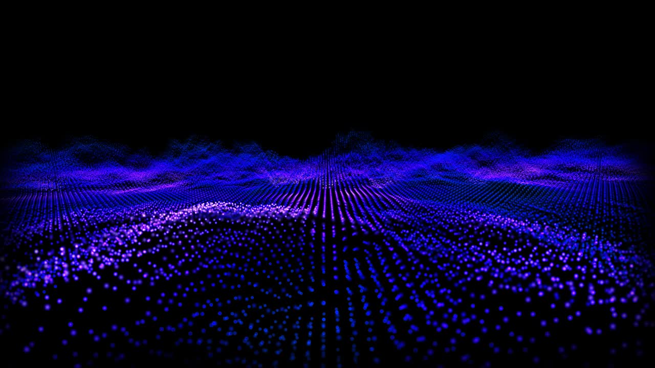 Futuristic abstract violet glow blue fly over waveform sound audio music ball oscillation, visualization wave technology digital surface