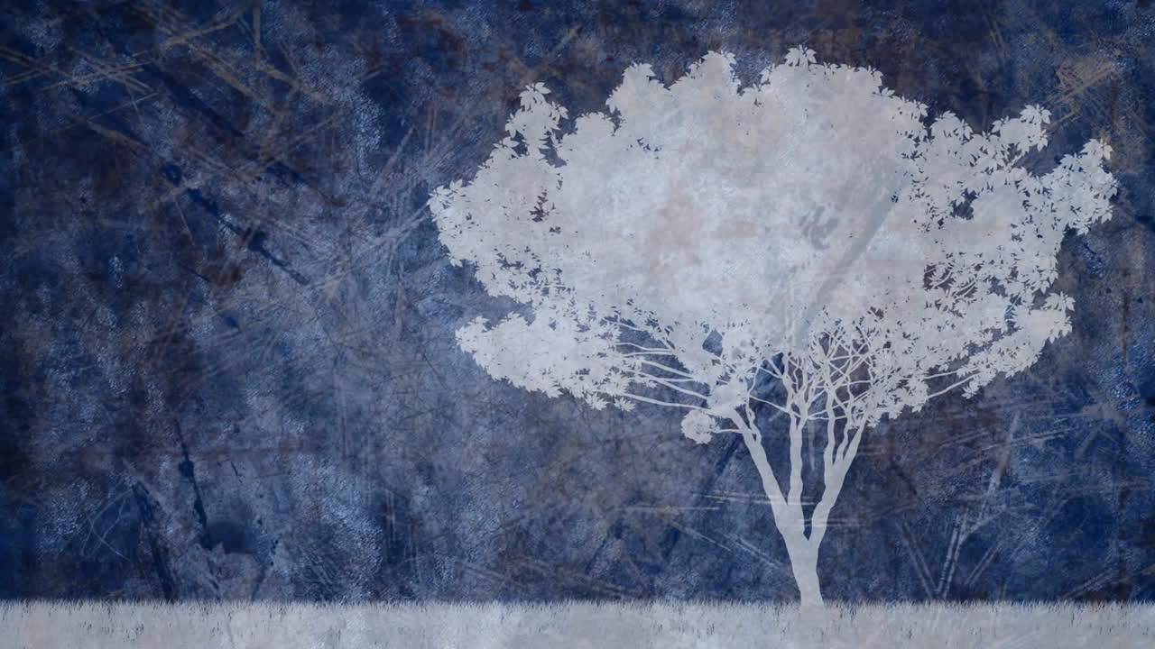 Animation of silhouette of tree over black and blue moving background