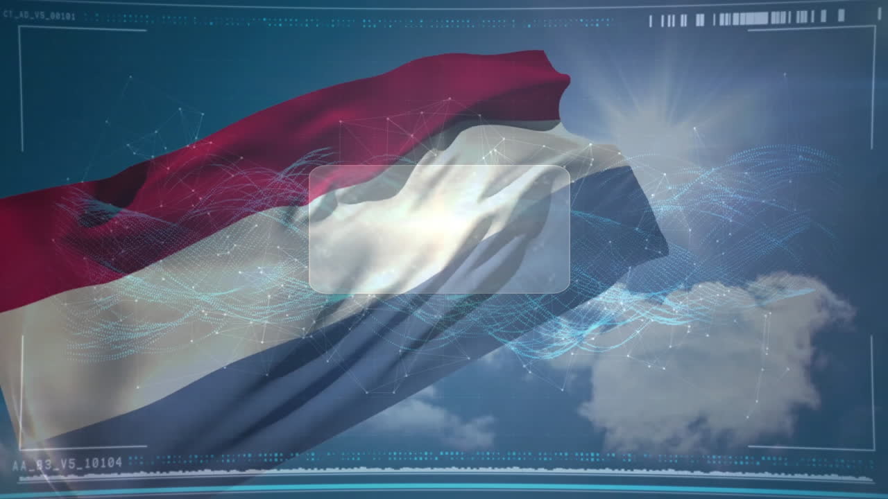 Waving flag with digital network animation over blue sky and clouds
