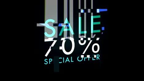 sale 70% off and special offer. sale promotion advertisement glitch text twitched effect loop background. deals price tag for discount clearance on online shopping. signal digital glitch. 4k motion