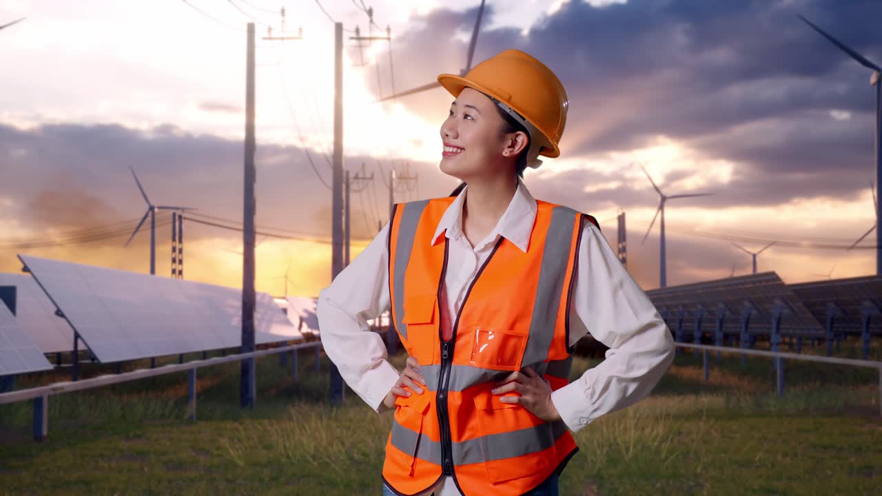 Asian Female Engineer Wearing Safety Helmet Looking Around While Standing With Arms Akimbo With Solar Panel and Wind Turbines