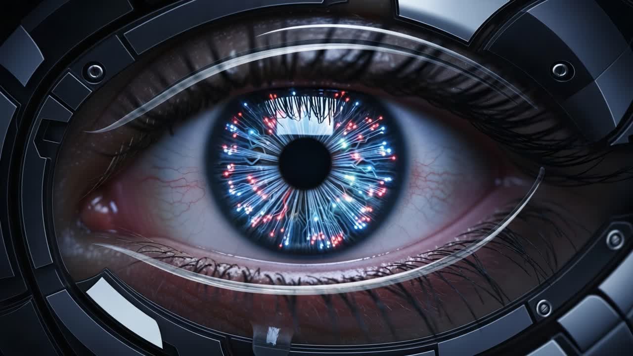 A Captivating Journey Through the Evolution of a Futuristic Eye: From Vibrant Blue Energy to Intense Red Power, Symbolizing the Transition from Calm to Intensity