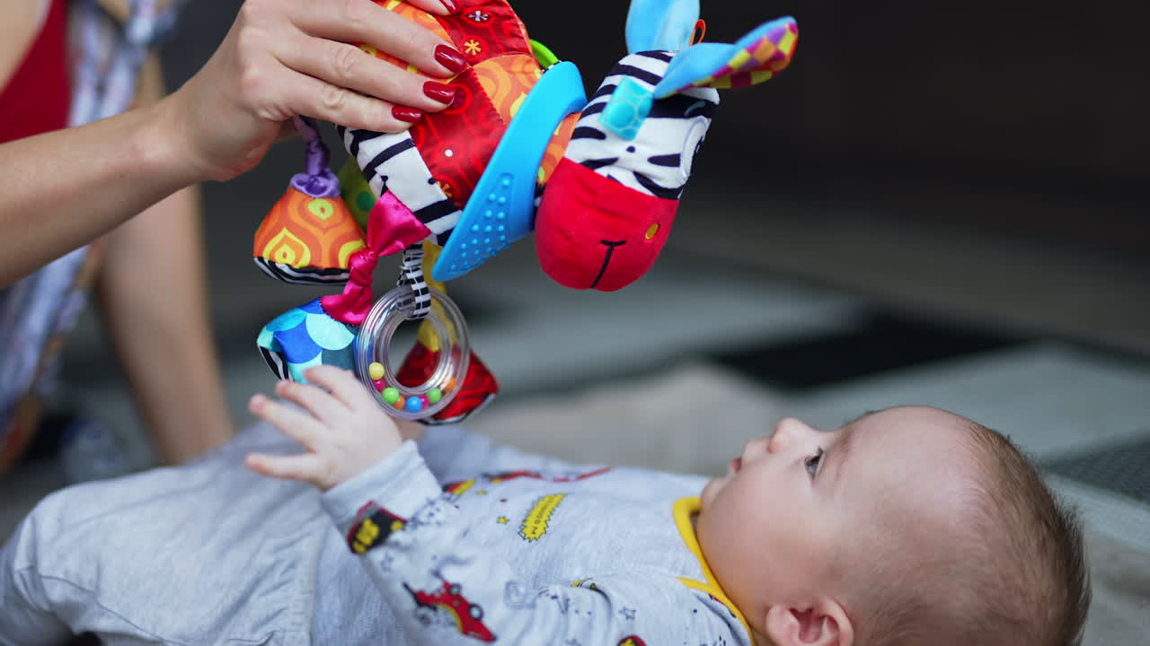 Bright colorful toy zebra is given to a toddler lying on back. Mommy is shaking a toy in front of baby face. Close up.