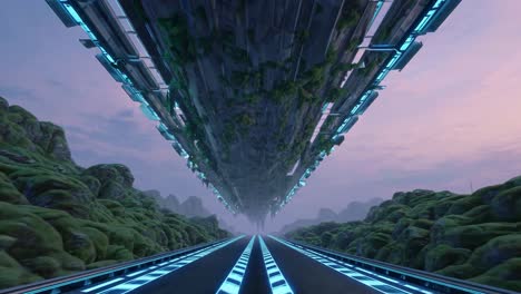 futuristic flying city above a lush landscape