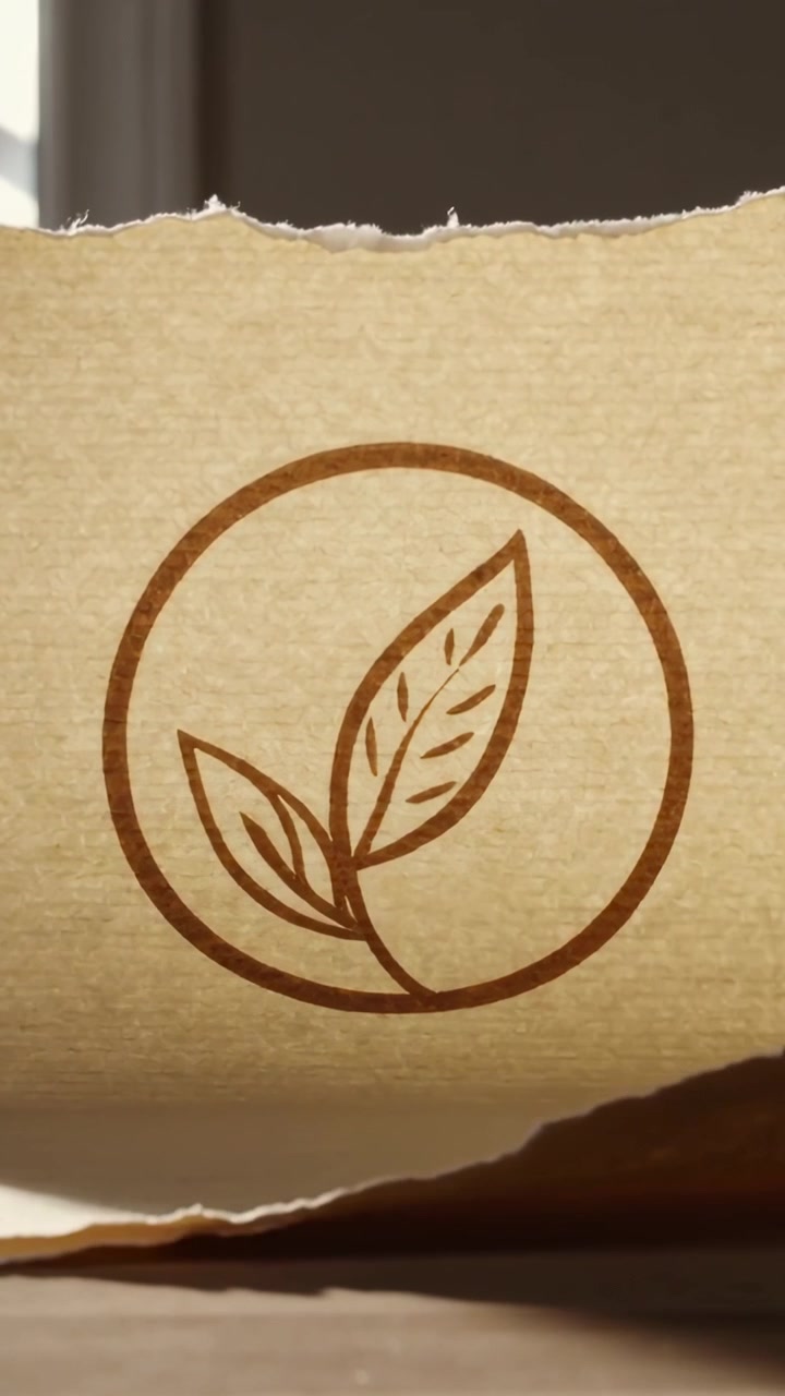 Vertical video: Shifting curled torn flap revealing circular leaf emblem on kraft paper near window