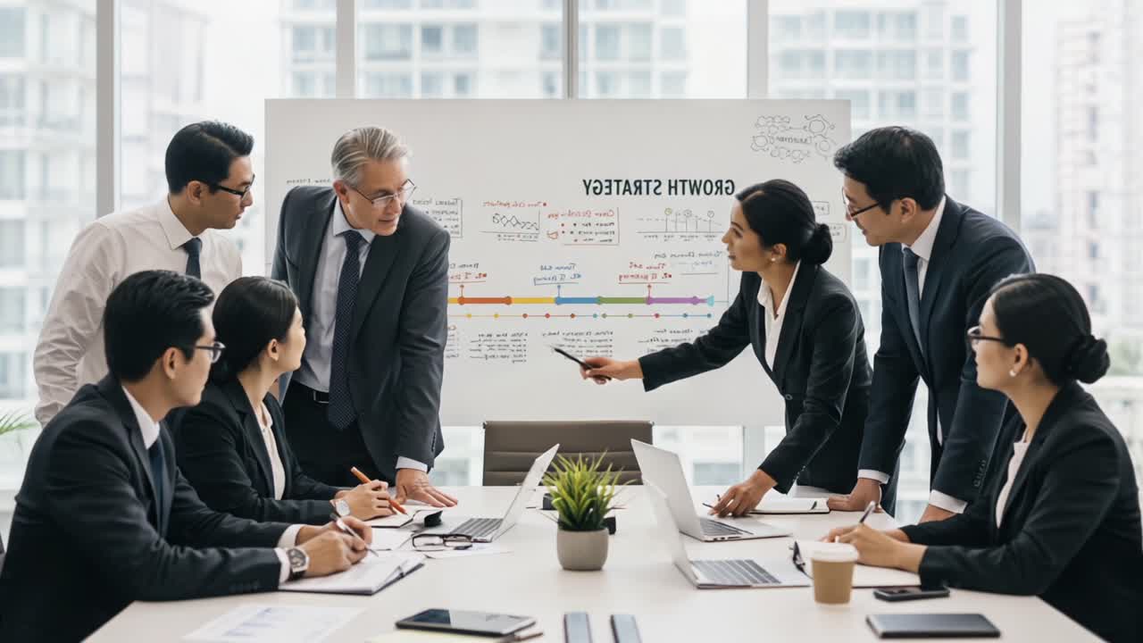 A Collaborative Business Meeting Focused on Growth Strategy with Professionals Engaged in Discussion and Strategic Planning in a Modern Office Environment