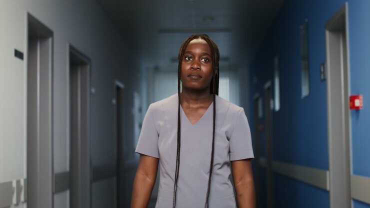 Sygeplejerske i hospitalskorridor